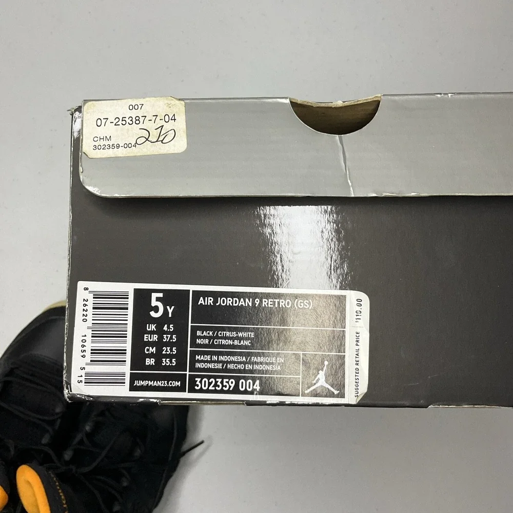 Nike Air Jordan 9 Retro YOUTH GS Sz 5 Sneakers 2010 Mid Citrus Black 302359-004